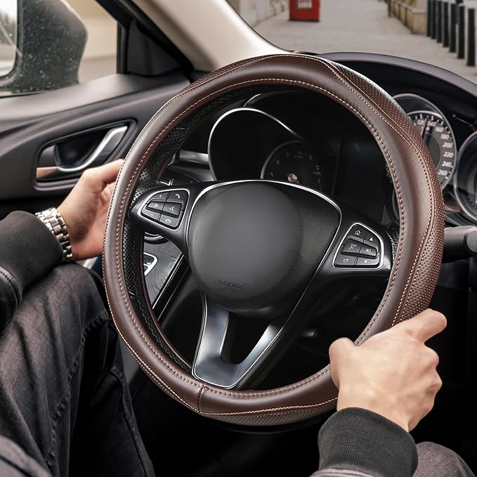 High-Grade Brown Genuine Leather Steering Wheel Cover - Image 2