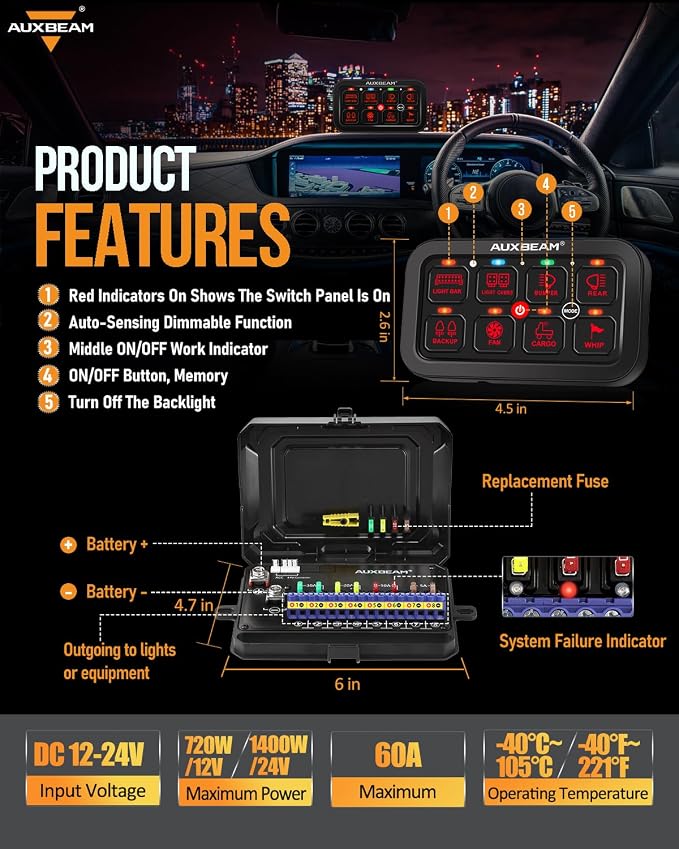Auxbeam 8 Gang Switch Panel RA80 Toggle Momentary Pulsed RGB Dimmable - Image 2