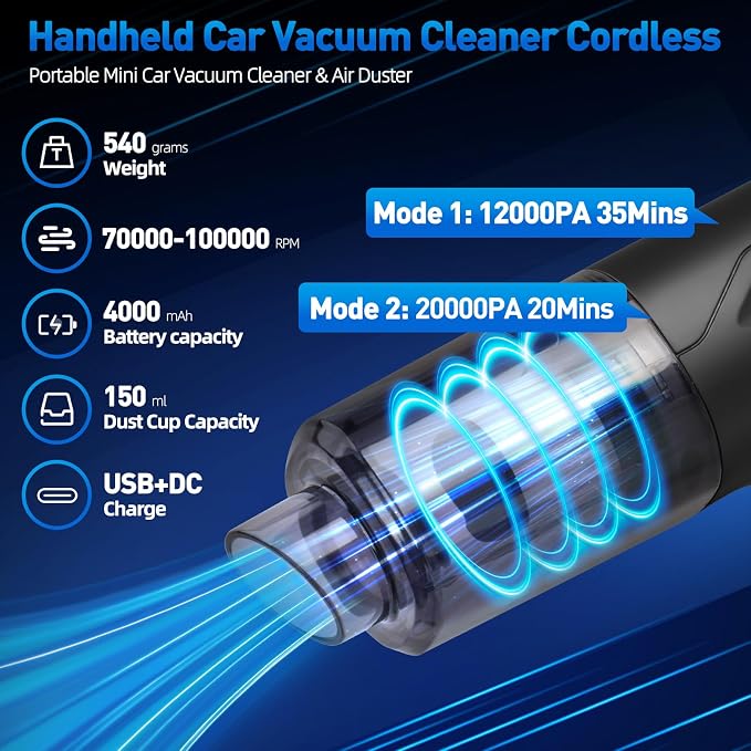 Handheld Car Vacuum Cleaner Cordless, High-Power Brushless 20000PA Mini Hand - Image 4