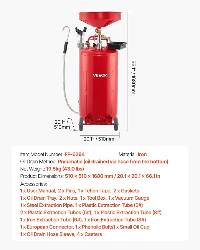 VEVOR 21 Gallon Waste Oil Drain Tank, Air Operated Portable Oil Drainer - Image 7