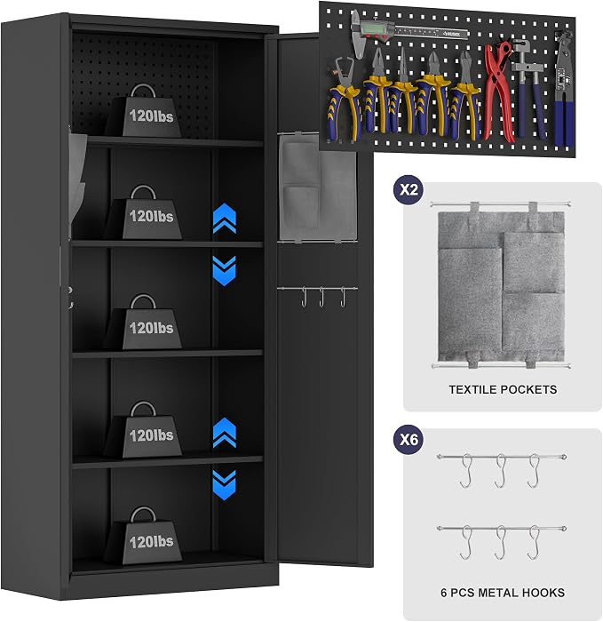 Washemba 71" Metal Garage Storage Cabinet, 2 Locked Doors and 5 Adjustable - Image 4