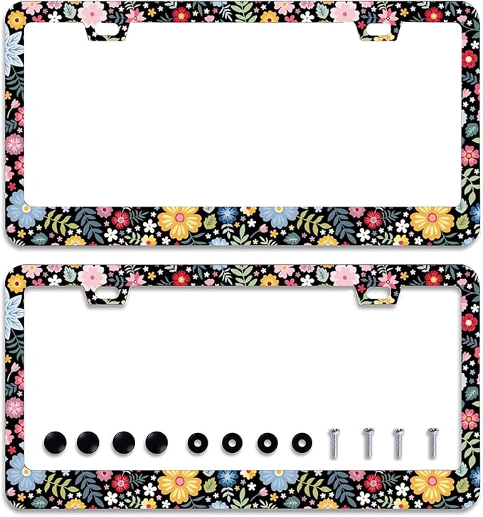 2Pcs Colorful Floral Flowers License Plate Frame Personalise Cute License Plate by Omw2fyb
