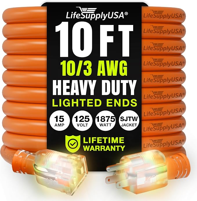 10ft Outdoor/Indoor Extension Cord 10/3 Gauge Ultra Heavy Duty 3 Prong SJTW by LifeSupplyUSA