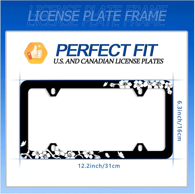 【2Pcs】 Black White Cherry Blossoms License Plate Frame Floral Flowers License - Image 7