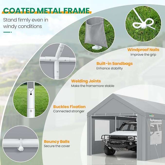 COBIZI Carport Canopy 12x20 Heavy Duty Portable Garage - Image 3