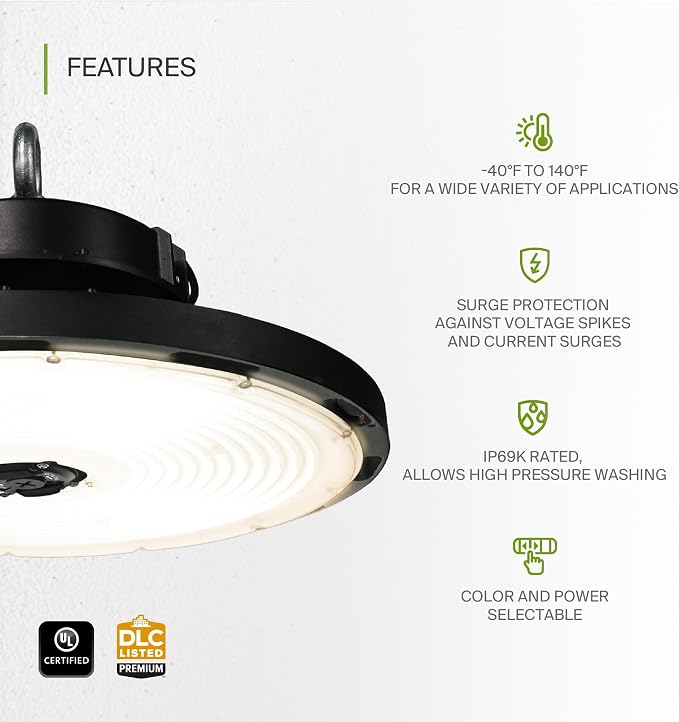 ASD LED High Bay UFO Light Fixture, Commercial Shop Lighting | 3CCT, IP69K - Image 3