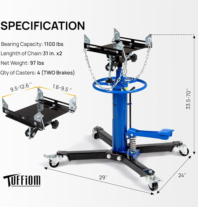 TUFFIOM Transmission Jack, 1100 lbs 1/2Ton Hydraulic 2-Stage High Lift Vertical - Image 6