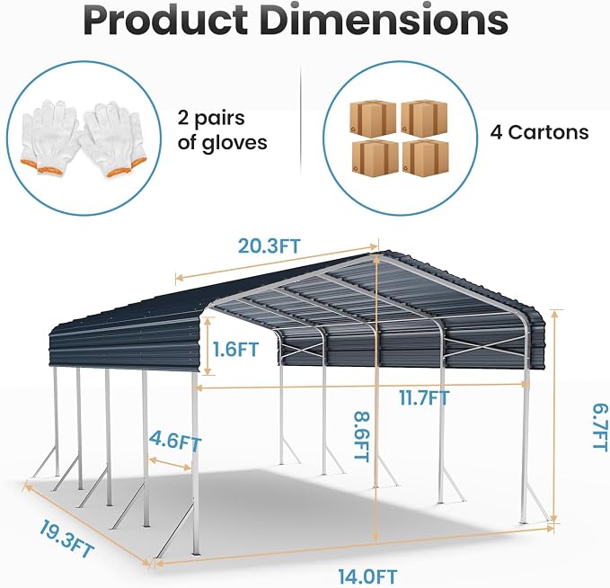 12x20ft Heavy Duty Metal Carport – Outdoor Galvanized Garage, Sturdy Structure - Image 8
