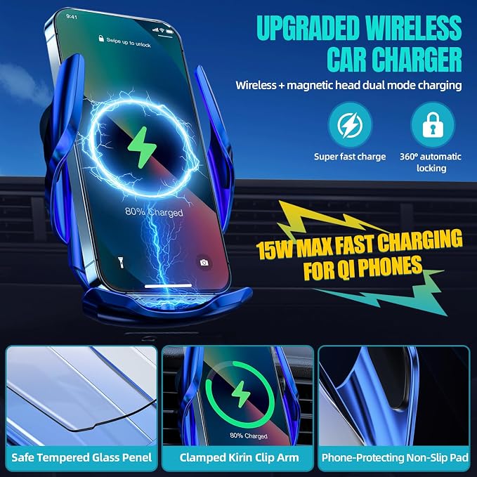 Wireless Car Charger, MAX 15W Fast Charging Auto Clamping, Sensing Phone Holder - Image 2