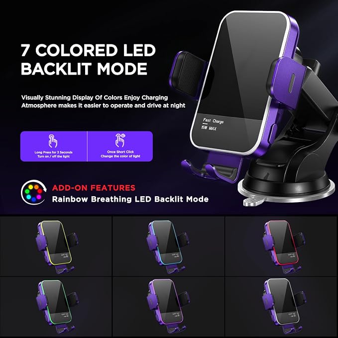 Wireless Car Charger, 【7 Colored RGB Backlit】15W Auto Clamping Car Charger - Image 2