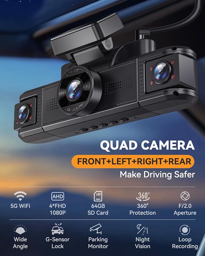 4 Channel Dash Cam 360° View, Front and Rear Inside Left Right, 2K Dash Camera - Image 2
