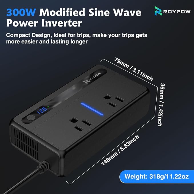 RoyPow 300W Car Power Inverter, DC 12V to 110V AC Power Inverter - Image 9