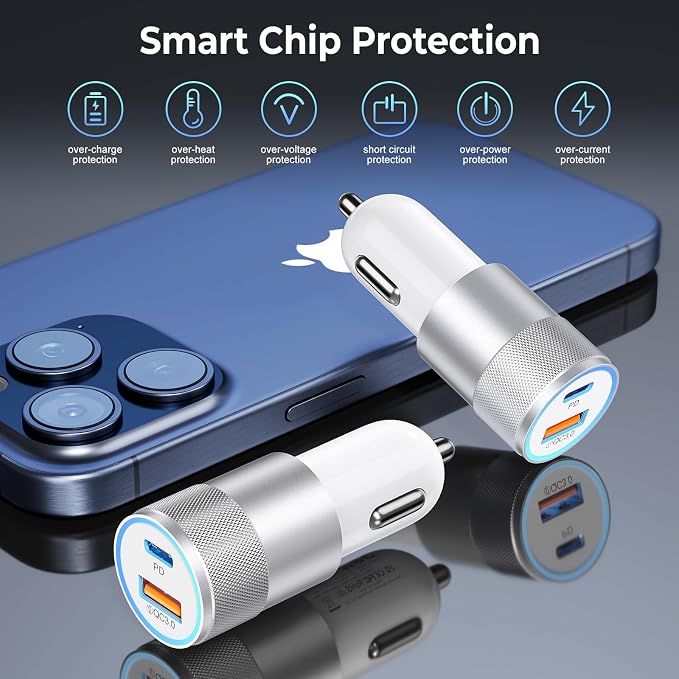 3-Pack Car Charger, Ancekoy 38W Dual Port Fast Charge PD & QC 3.0 Car Adapter - Image 6
