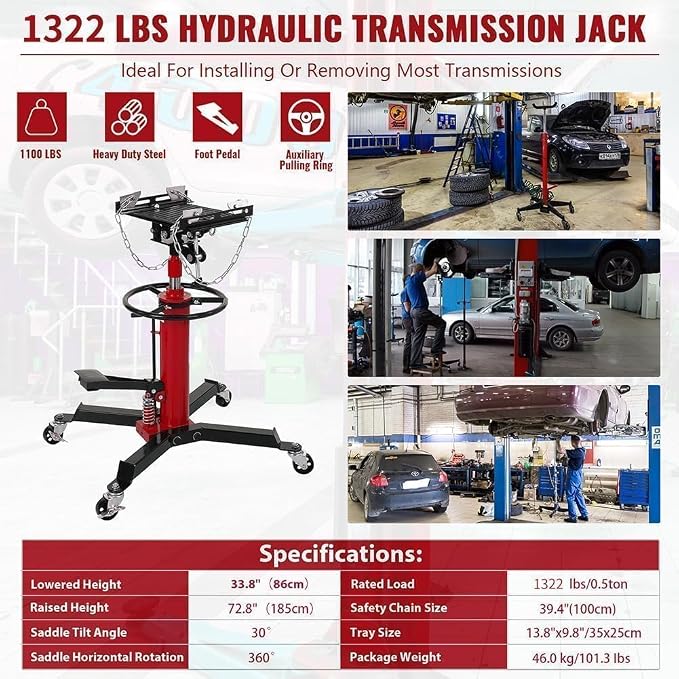 Transmission Jack with 1 Stage Hydraulic Ram, 1322 LBS Hydraulic Telescoping - Image 3