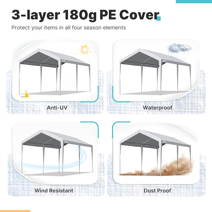 ADVANCE OUTDOOR Adjustable 10x20 ft Heavy Duty Carport Car Canopy Garage Boat - Image 4