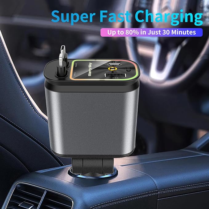 MLVOC Starlight Retractable 66W USB C Car Charger, 4-in-1 Fast Charging Adapter - Image 7
