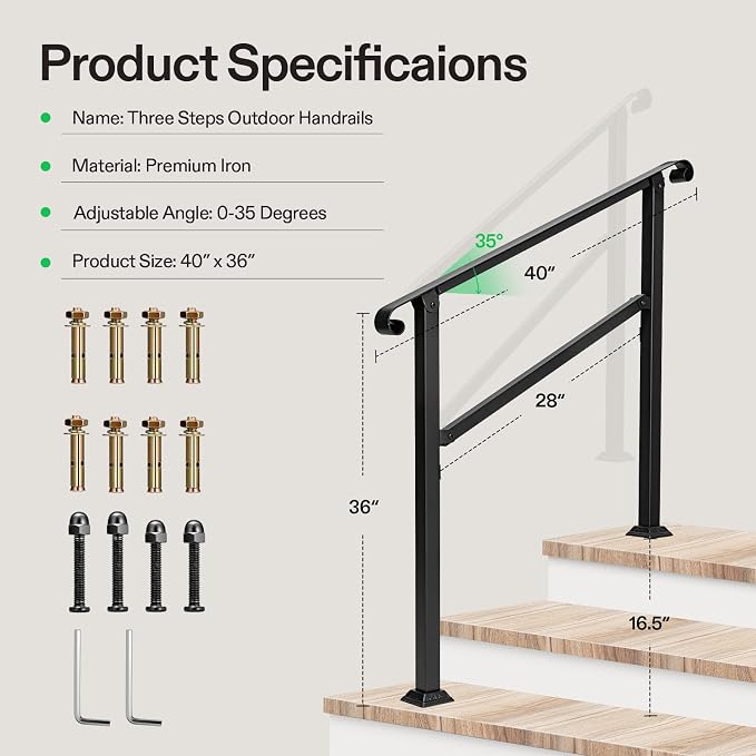 VIVOSUN Outdoor Handrail, 3 Step Stair Handrail, Wrought Mattle Iron Stair - Image 2