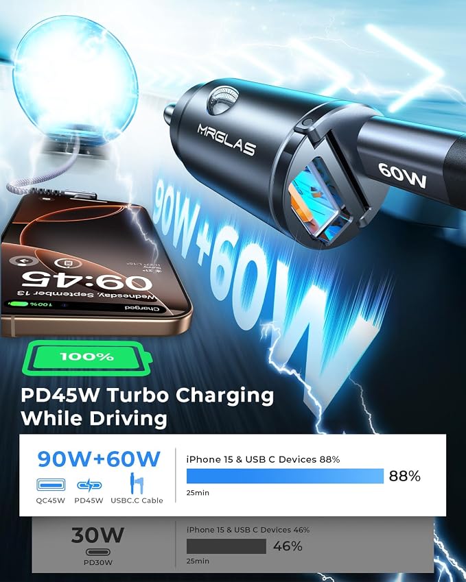 MRGLAS 90W Fast iPhone 16 Car Charger, USB C Car Charger - Image 9