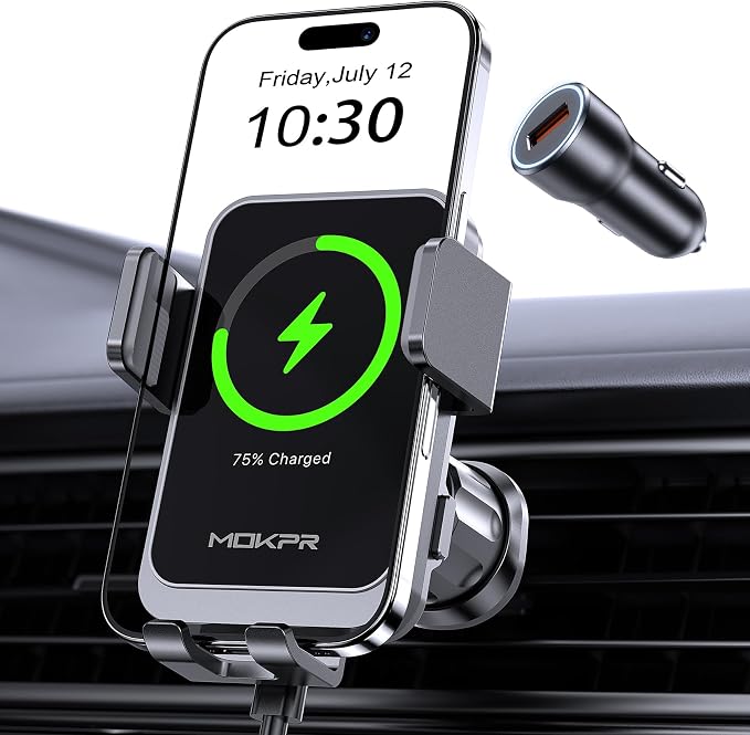 Wireless Car Charger, MOKPR 15W Fast Charging Auto Clamping Air Vent Car Phone - Image 5