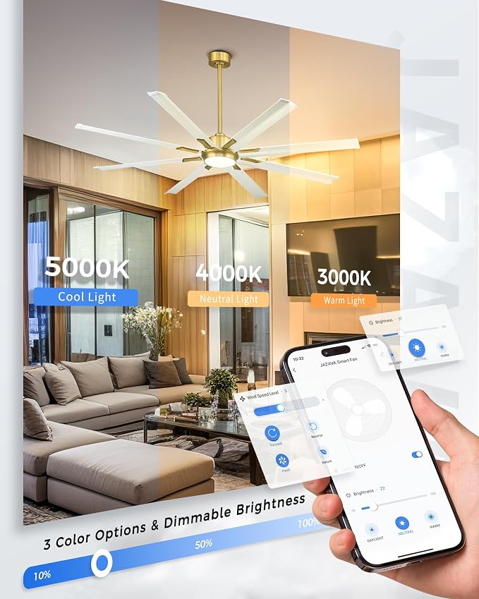 72 Inch White & Gold Ceiling Fan, Smart Ceiling Fan - Image 3