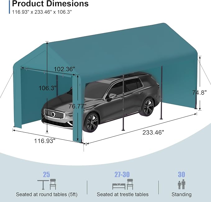 Carport 10x20 Heavy Duty Portable Garage w/Removable Sidewalls & Roll-Up Door - Image 4