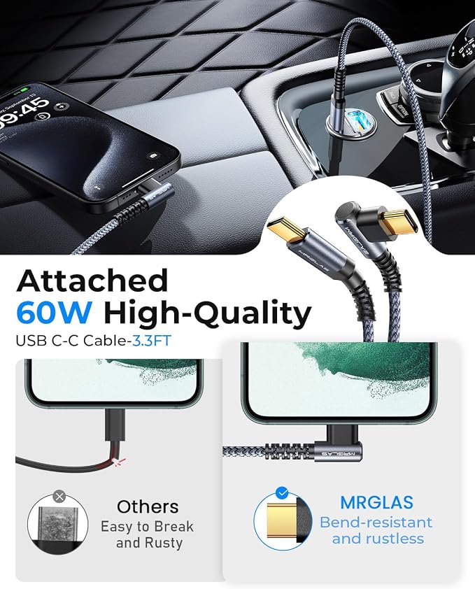 MRGLAS 90W USB C Car Charger Fast Charge, PD45W & QC45W, Flush Fit, Extra 3.3ft - Image 4
