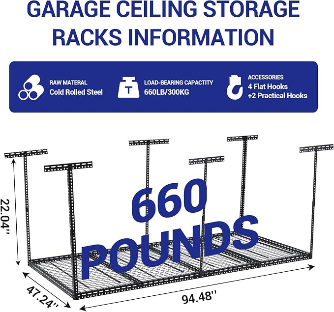 Overhead Garage Storage Rack 4x8 FT, Steel Ceiling Shelves 660lb Capacity - Image 2