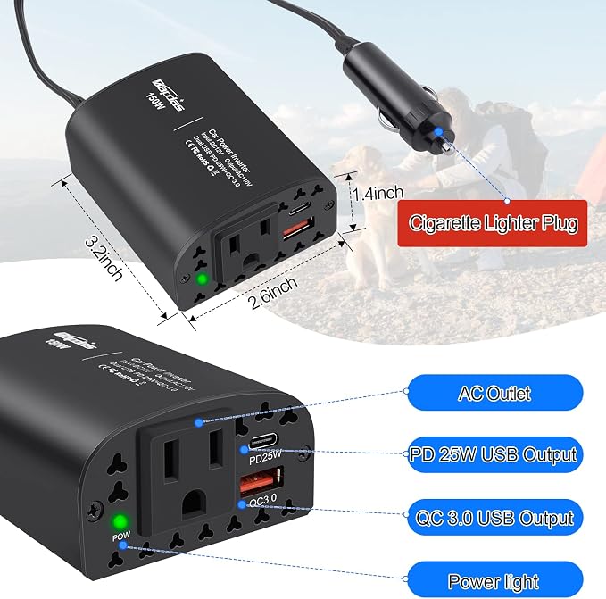 150W Car Power Inverter DC 12V to 110V AC Car Outlet Adapter - Image 3