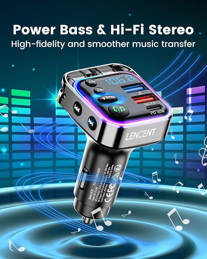 LENCENT Bluetooth 5.3 FM Transmitter Car Adapter 48W Fast Charger, Light Switch - Image 3