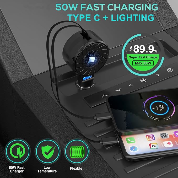 Retractable Car Charger, 3 in 1 Fast Charging Phone Charge 50W, Mini Car Adapter - Image 3