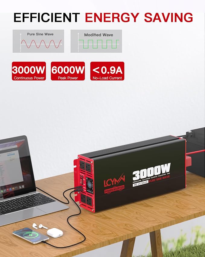 3000 Watts Power Inverter Pure Sine Wave DC 12V to 110V/120V AC 6000W Peak - Image 2