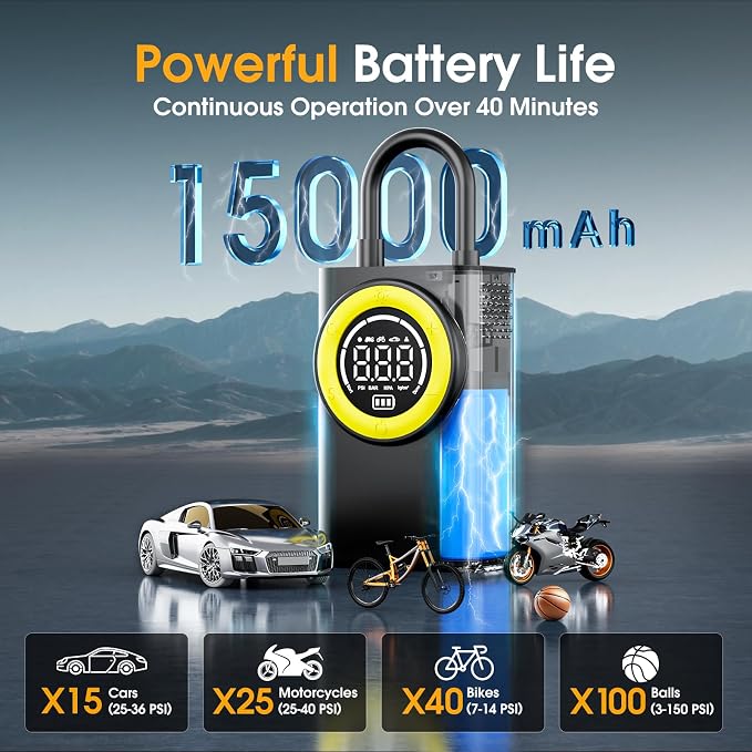 Tire Inflator Portable Air Compressor, 150 PSI Cordless Air Pump - Image 3