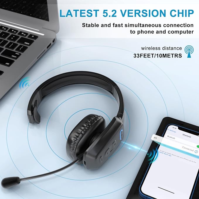 Bluetooth Headset, 60hrs Noise Canceling V5.2 Over Head Headphones, Single Ear - Image 5
