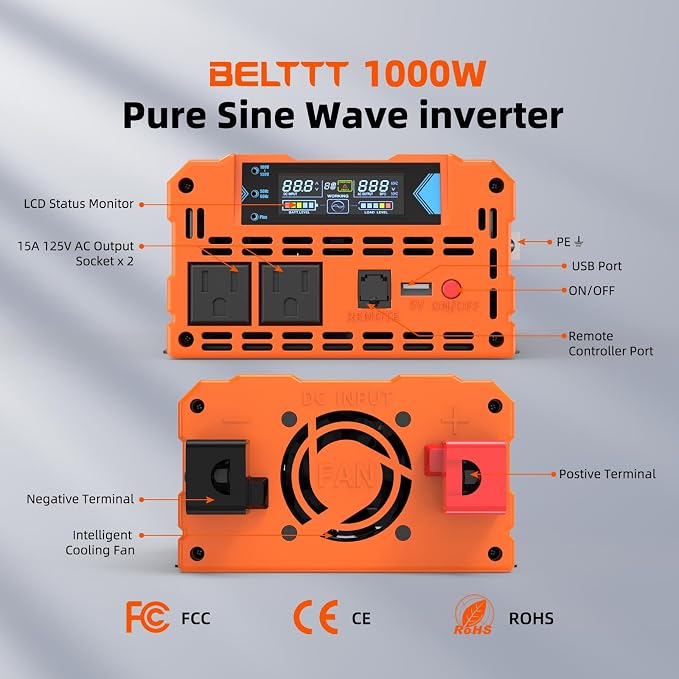 BELTTT 1000Watt Pure Sine Wave Inverter 12V DC to 120V AC - Image 8