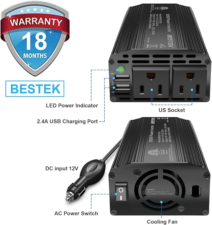BESTEK 300W Power Inverter DC 12V to 110V AC, Durable Aluminum Housing Car - Image 8
