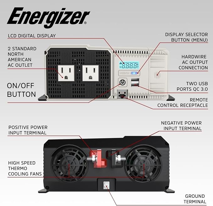 Energizer 3000W Pure Sine Wave Inverter 12V DC to 120V AC Converter - Image 4