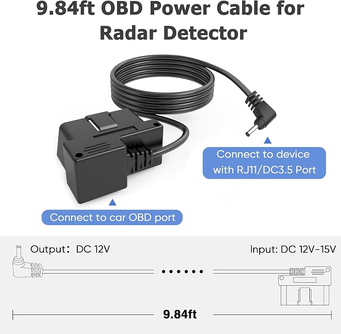OBD Power Cable for Radar Detector, OBD to DC3.5 Radar Detector Cord, OBDII - Image 2