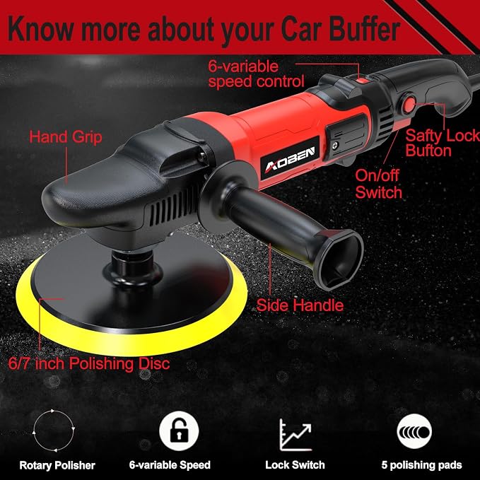 AOBEN 6/7 inch Buffer Polisher, Rotary Car Buffer, 1600W Car Polisher Waxer Kit - Image 2