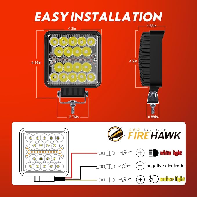 Firehawk LED Light Pods Bar 4 Inch 30000LM 60W Square Spot Flood Amber White - Image 6