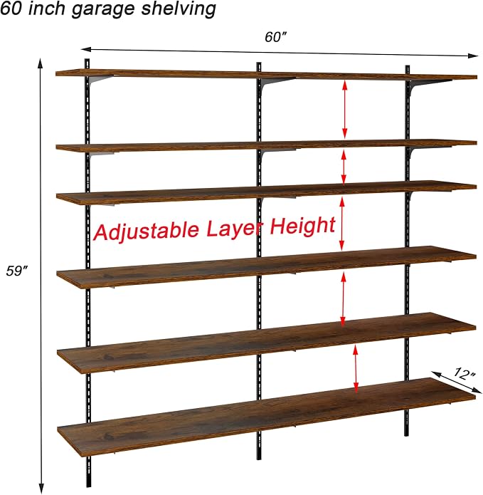 ROGMARS 60" W Garage Wall Mounted Shelving Heavy Duty, 6 Tier Garage Shelves - Image 2