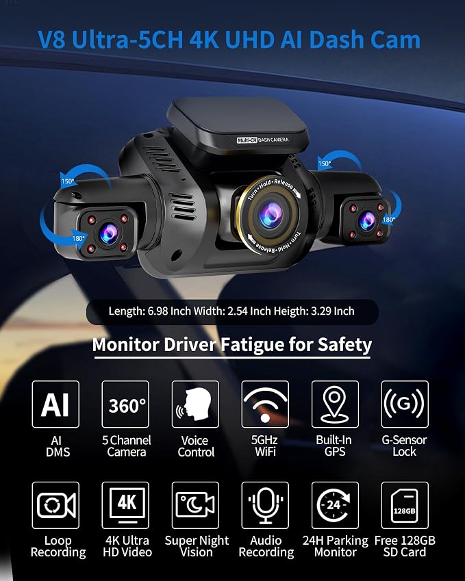 360° View 5 Channel Dash Cam Front and Rear - Image 3