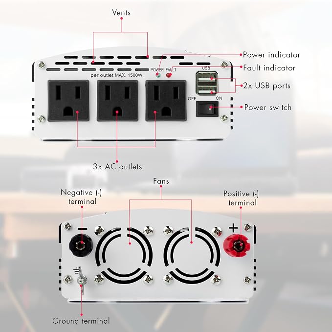 Wagan EL3720 1000W Slimline Plus AC to DC Power Inverter 1000 Watt TrueRated - Image 2