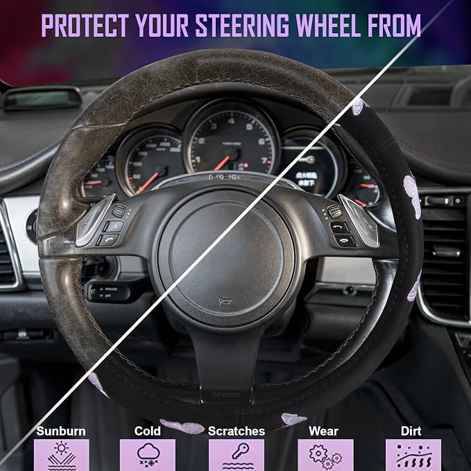 Car Pass Purple Embroidery Butterfly Steering Wheel Cover, Universal 15 Inch - Image 2