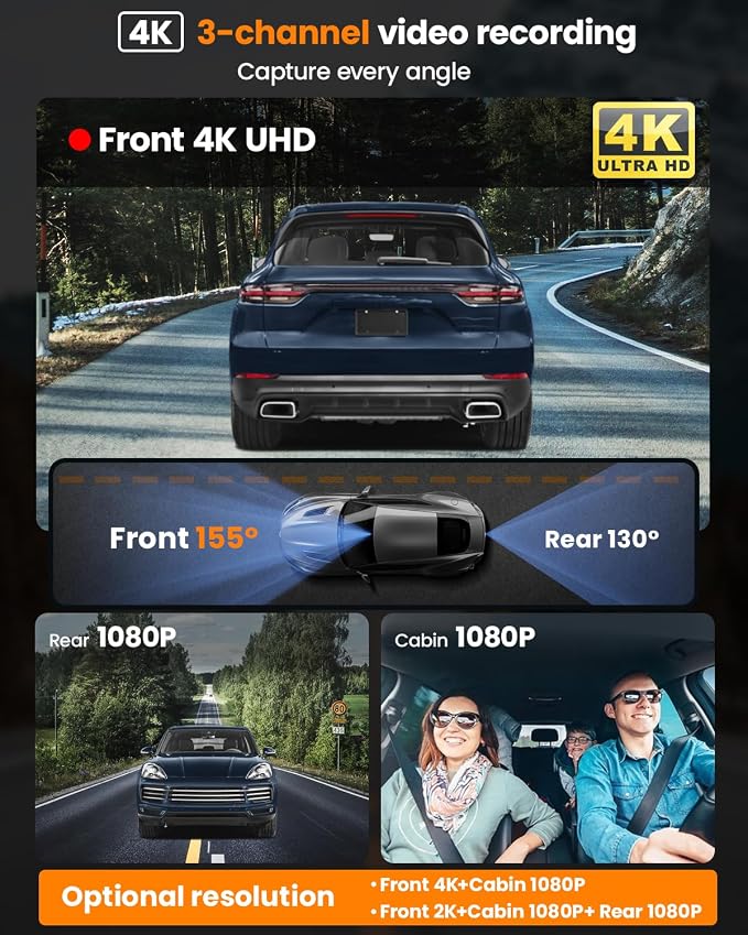 4K 3 Channel Dash Cam, 2160P+1080P+1080P Front and Rear Inside Car Camera - Image 2