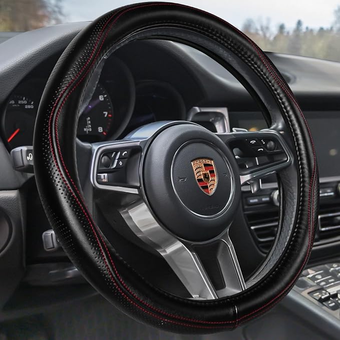 HAOKAY Top Grade Black Genuine Leather Steering Wheel Cover Men Women, Luxury by HAOKAYAUTOPRODUCTS