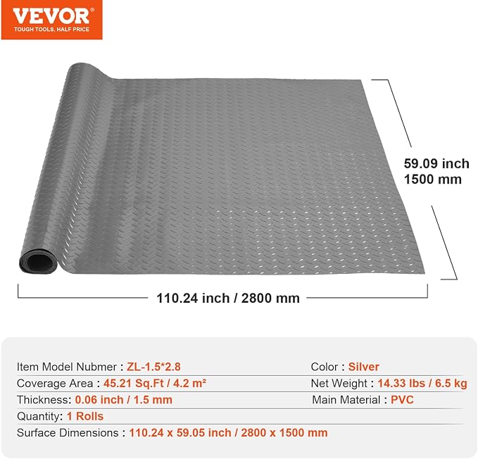 VEVOR Garage Floor Mat, 9.2 x 4.9 FT PVC Garage Flooring Roll, Non-Slip Diamond - Image 7