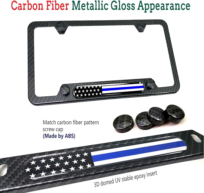 Police Thin Blue Line License Plate Frame- Patriotic Carbon Fiber Car Tag Holder - Image 2