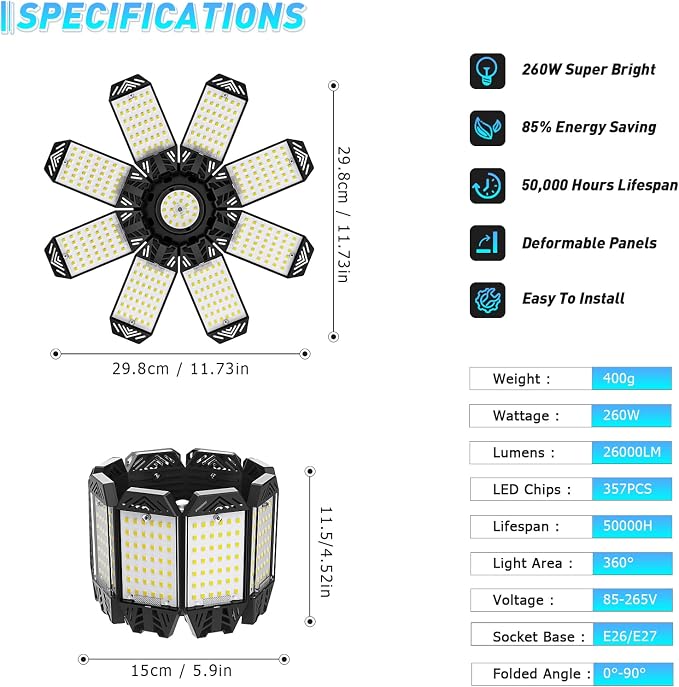 ISKYDRAW Garage Lights 6 Pack, 260W 26000LM Bright LED Garage Light - Image 7