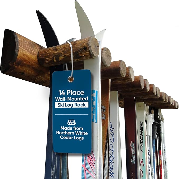 14-Place Log Ski Rack Wall Mount, Indoor Ski Storage Rack by LogKayakRack