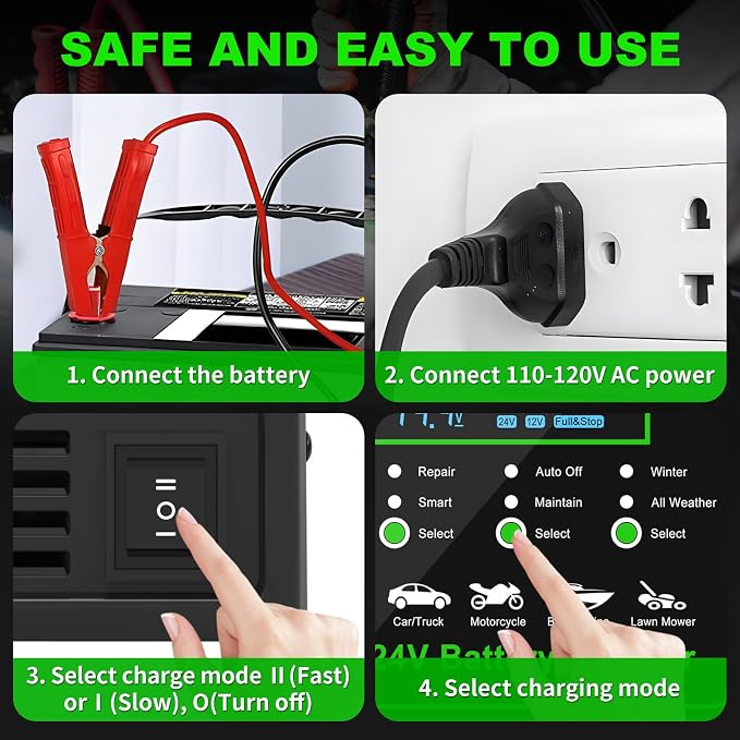 12V/24V Car Battery Charger Heavy Duty, 0-15A Automatic Battery Maintainer - Image 4